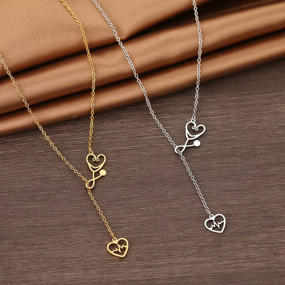 Stainless Steel Necklaces Stethoscope Electrocardiogram Pendant Collar Chain Fashion Necklace for Woman Jewelry Party Best Gifts