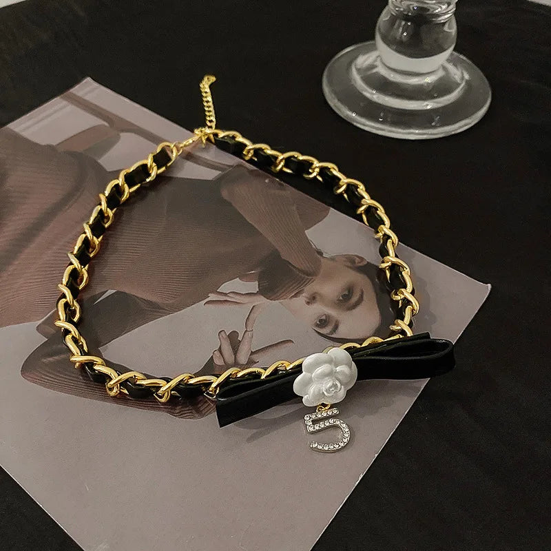 Leather Braid Pearl Number 5 Necklaces for Woman Bowknot Woman Necklace Luxury Brand Jewelry