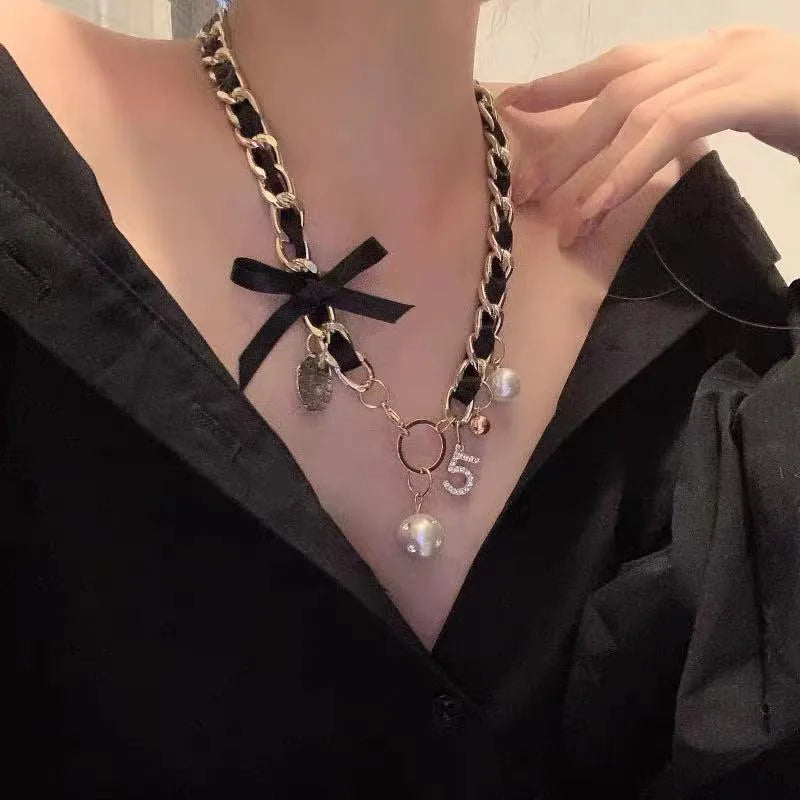 Leather Braid Pearl Number 5 Necklaces for Woman Bowknot Woman Necklace Luxury Brand Jewelry