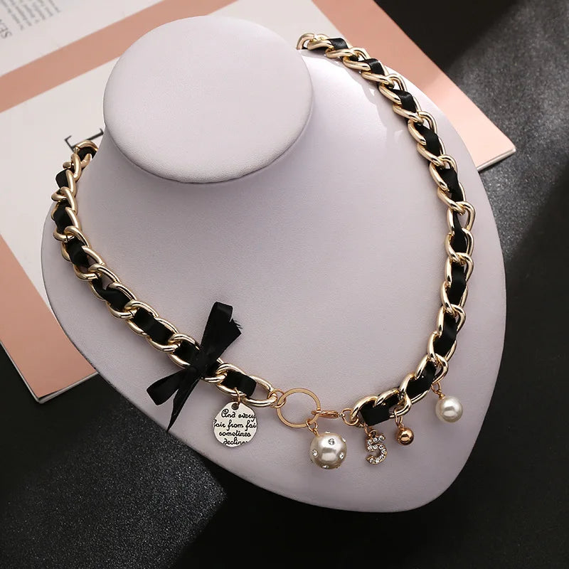 Leather Braid Pearl Number 5 Necklaces for Woman Bowknot Woman Necklace Luxury Brand Jewelry