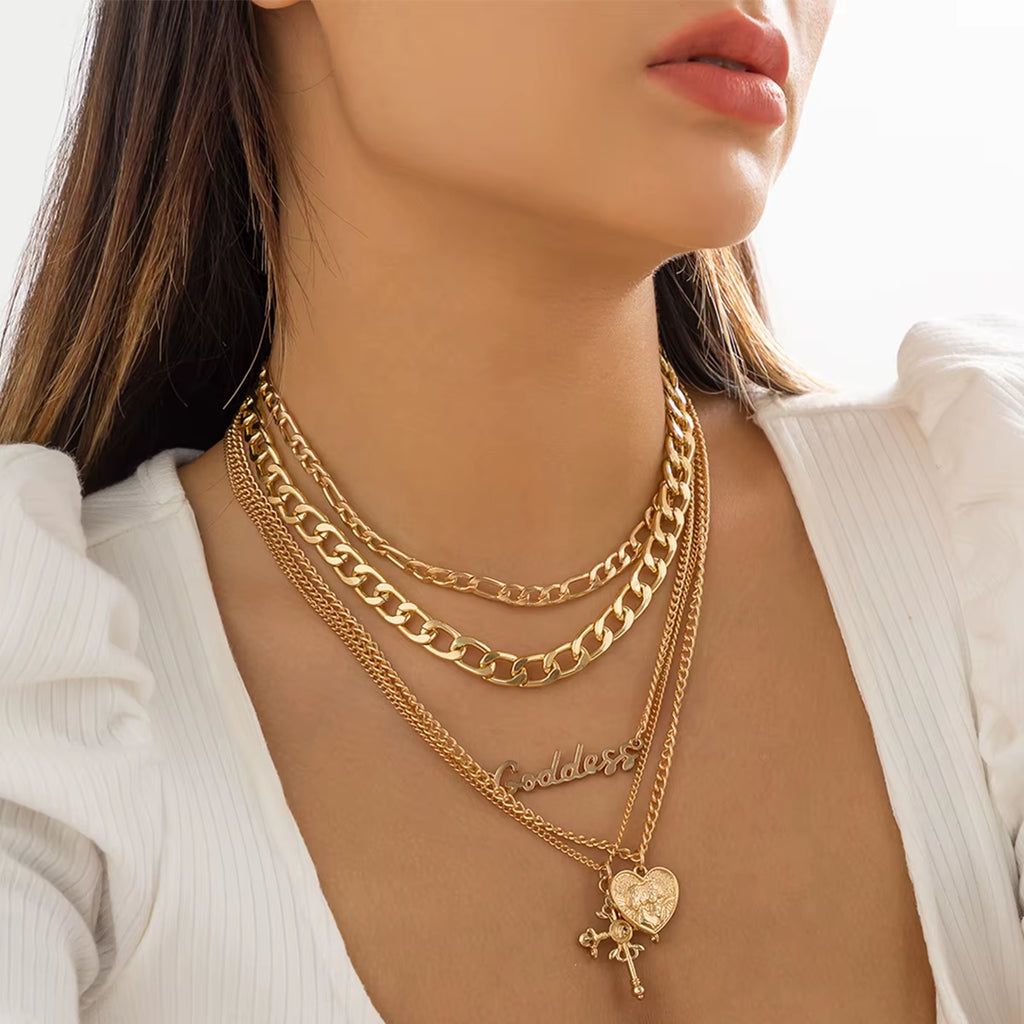 5Pc/Set Vintage Peach Love Heart Cross Jesus Pendant Choker Necklace for Women Multilayer Chain Grunge Jewelry Steampunk Gift