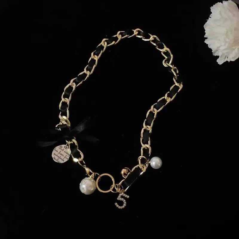 Leather Braid Pearl Number 5 Necklaces for Woman Bowknot Woman Necklace Luxury Brand Jewelry
