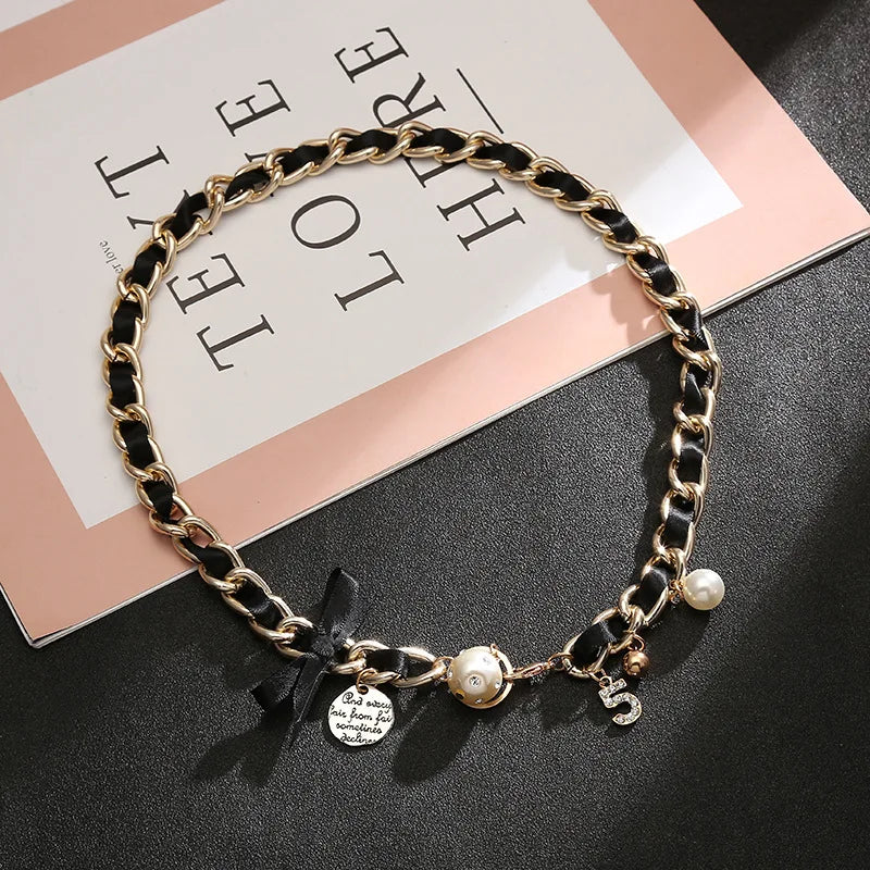 Leather Braid Pearl Number 5 Necklaces for Woman Bowknot Woman Necklace Luxury Brand Jewelry