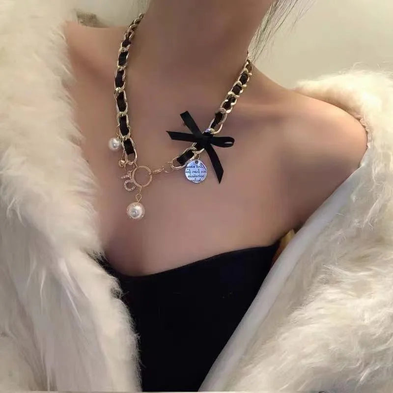 Leather Braid Pearl Number 5 Necklaces for Woman Bowknot Woman Necklace Luxury Brand Jewelry