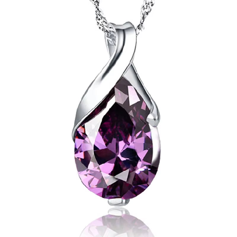 New S925 Sterling Silver Necklace Angel Tears Crystal Purple Pendant Necklace for Woman Charm Jewelry Gift